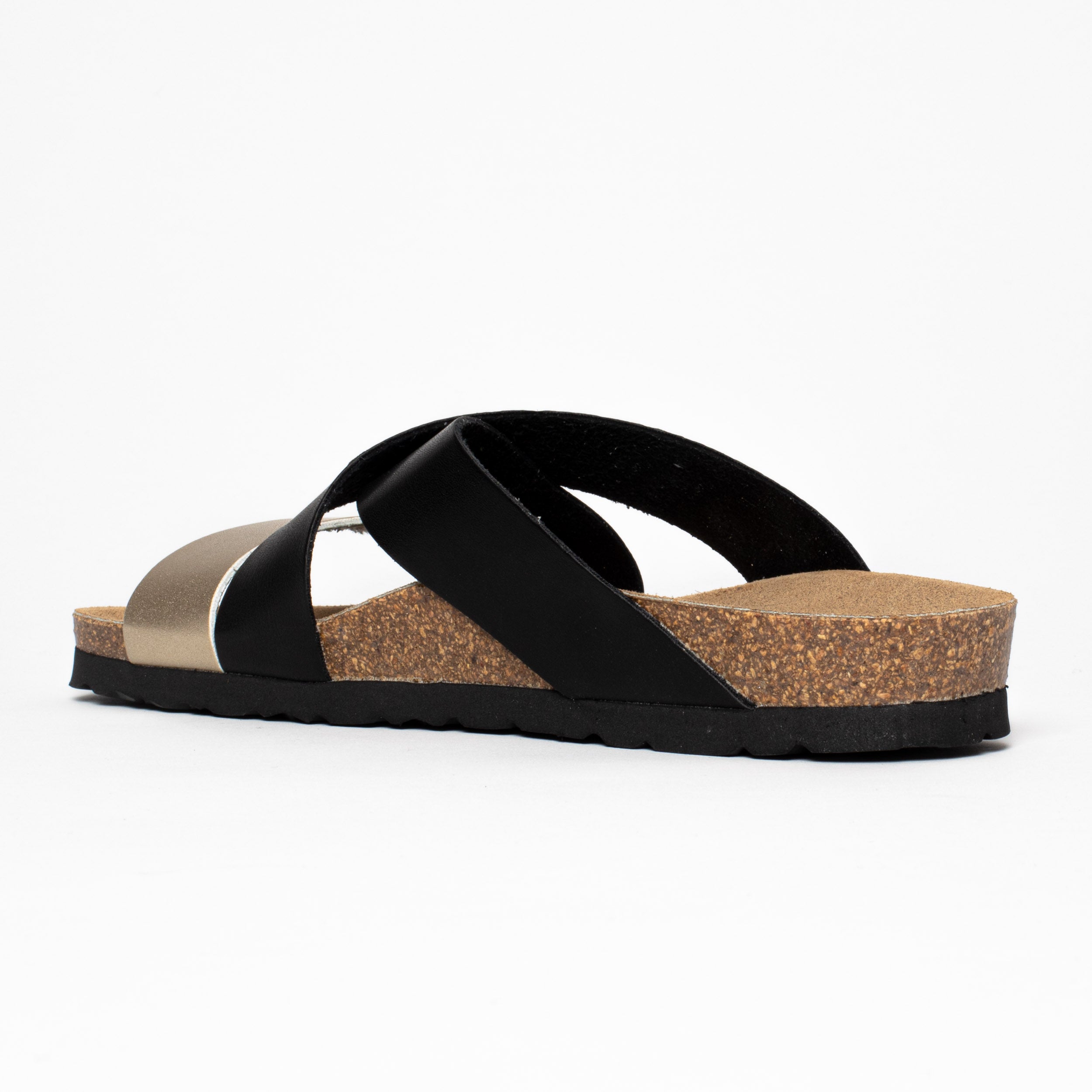 Sandalias Sevilla con múltiples tiras en negro y dorado