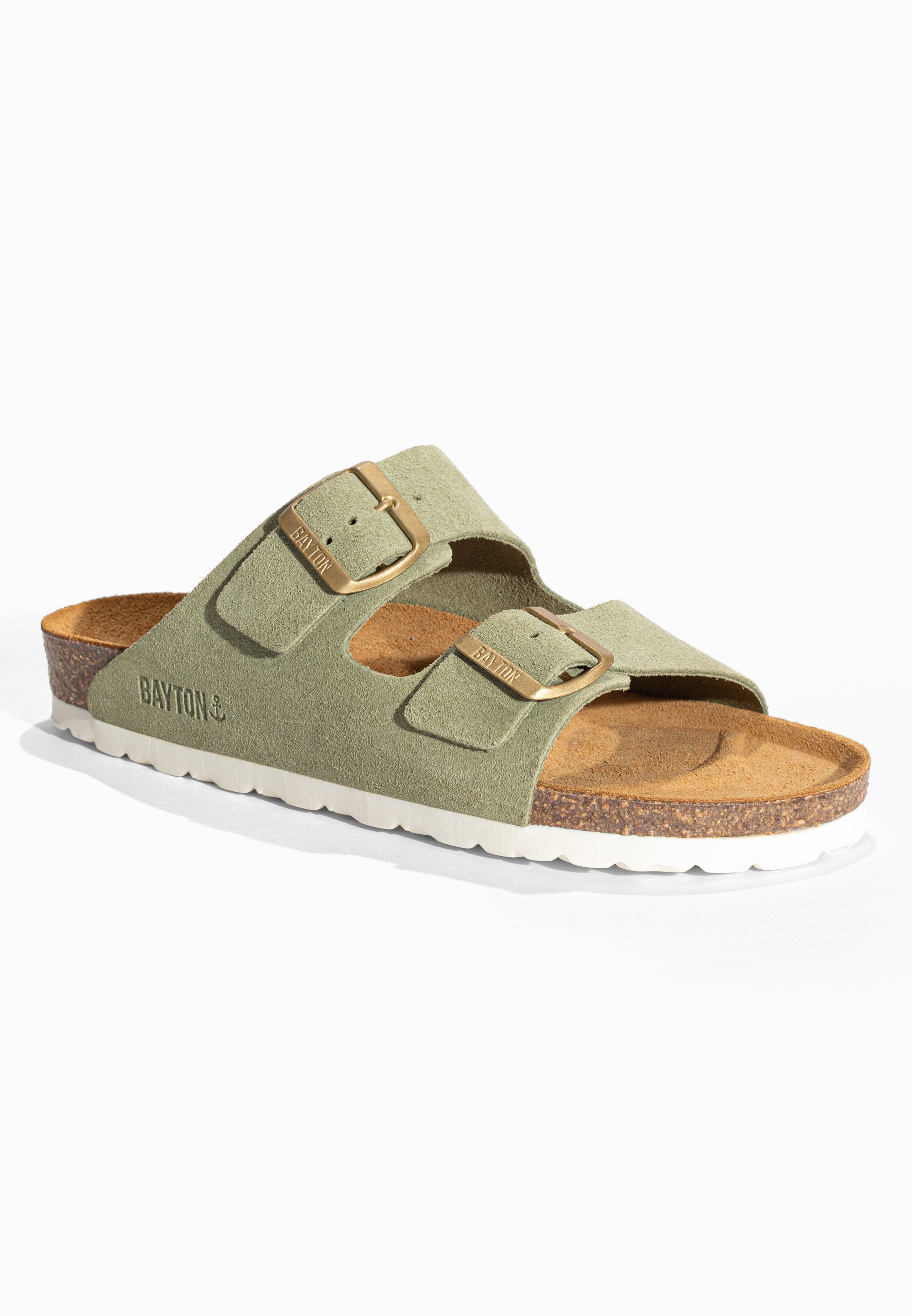 Sandales 2 Brides Atlas Vert en Cuir Suédé Bayton pour Femme