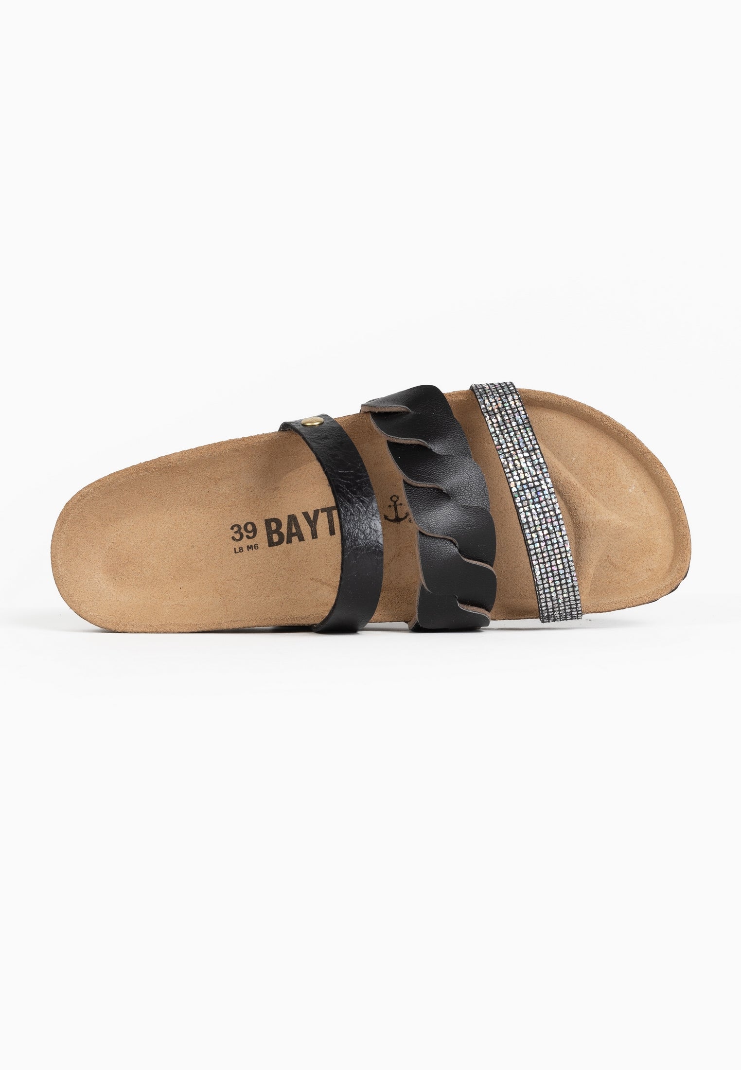Sandalias coral con múltiples tiras en negro y gris