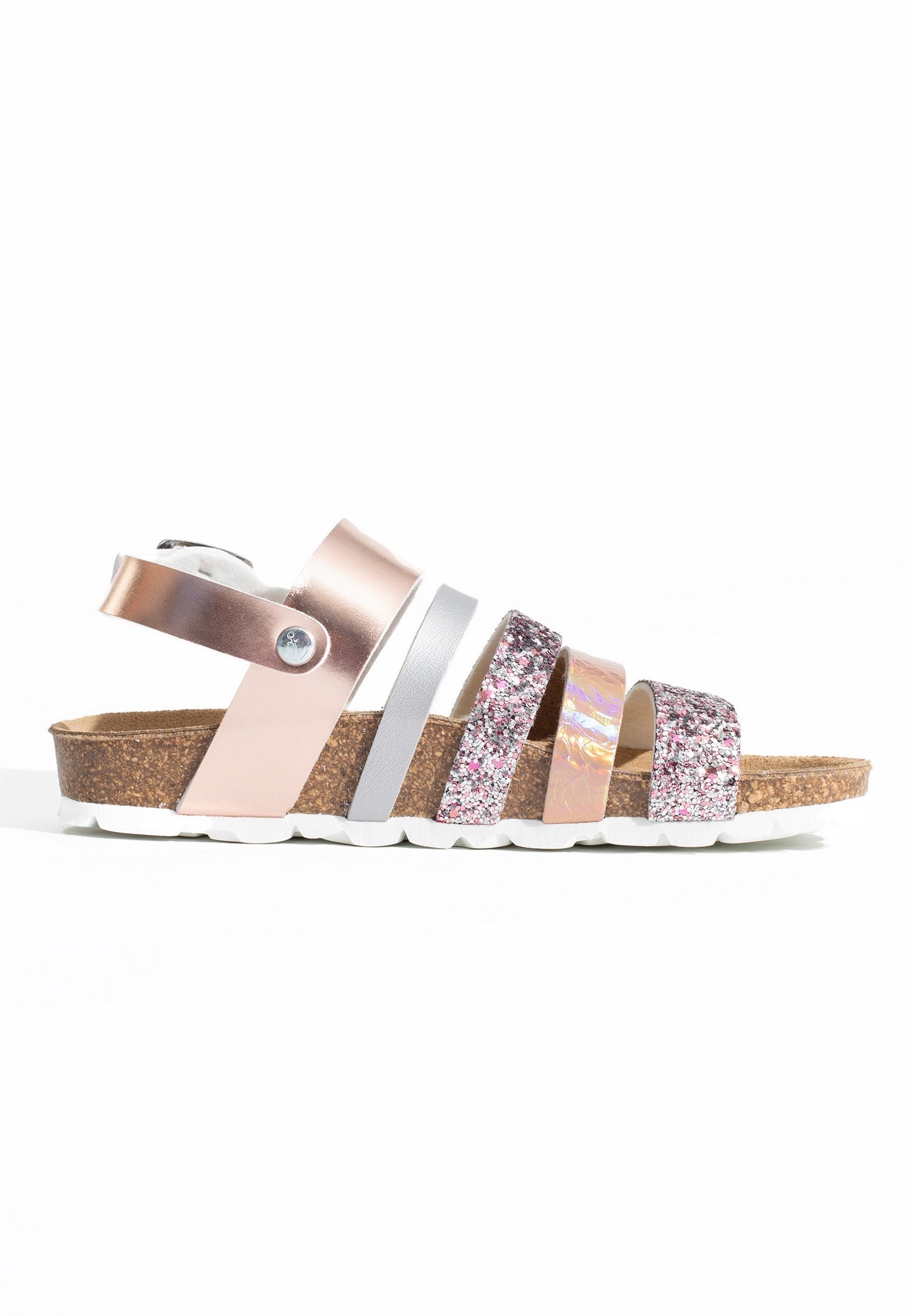 Joy Silver and Rose Gold and Glitter Multi-Strap Sandals