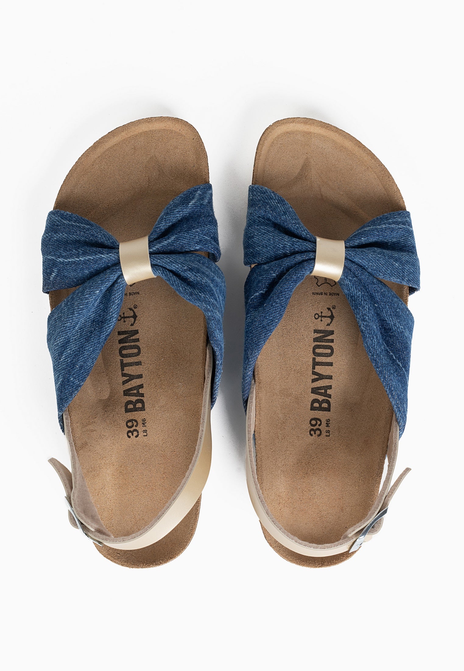 Frutti sandalias multitiras en denim azul y dorado claro