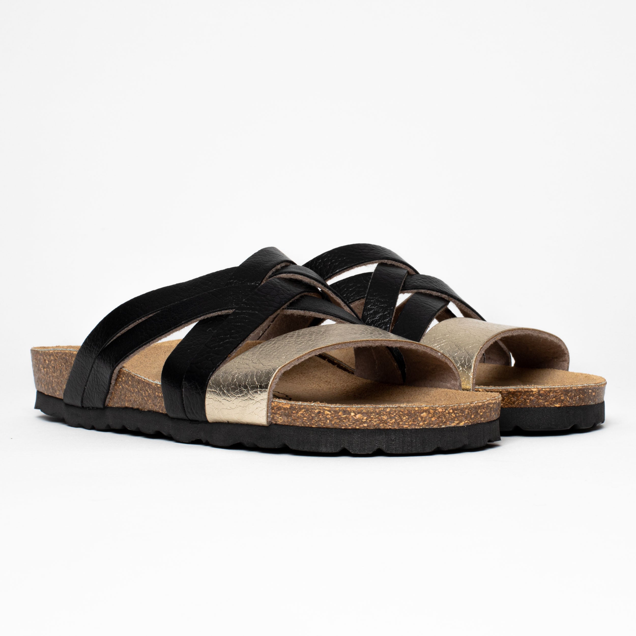 Sandalias Zaragoza Multitiras Dorado Claro Y Negro
