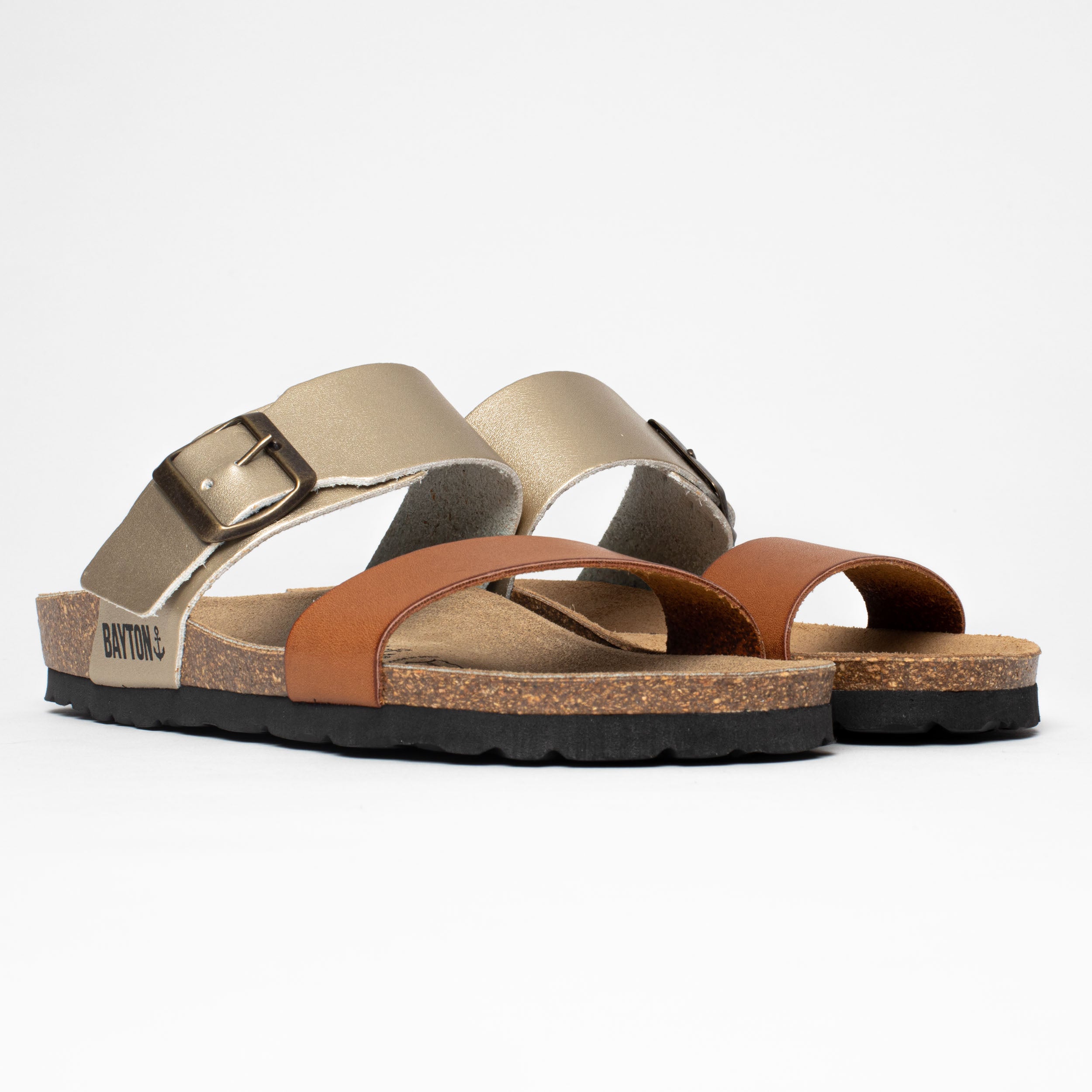 Valencia Camel and Platinum 2-Strap Sandals
