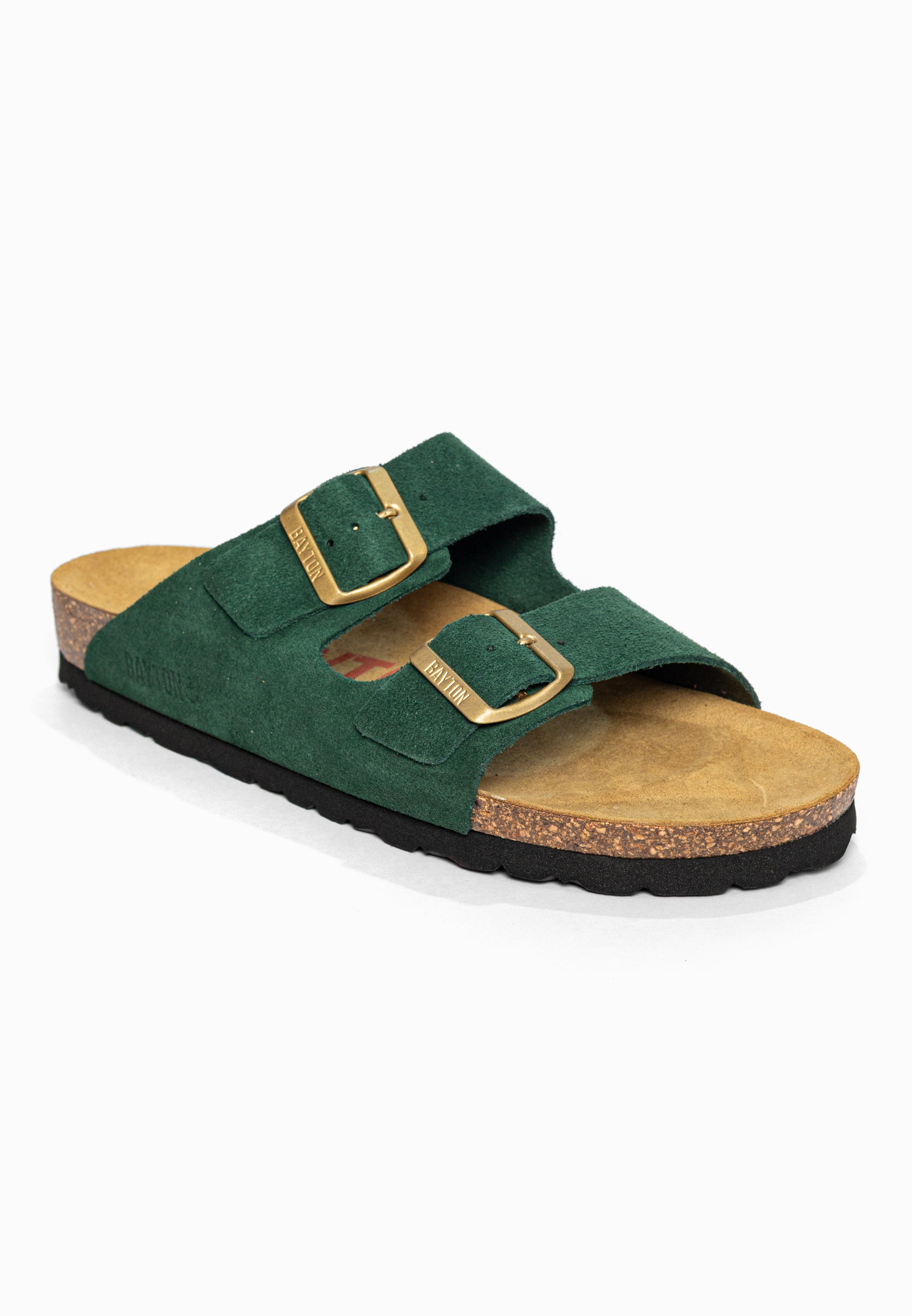 Sandales 2 Brides Atlas Vert foncé en Cuir Suédé Bayton pour Femme