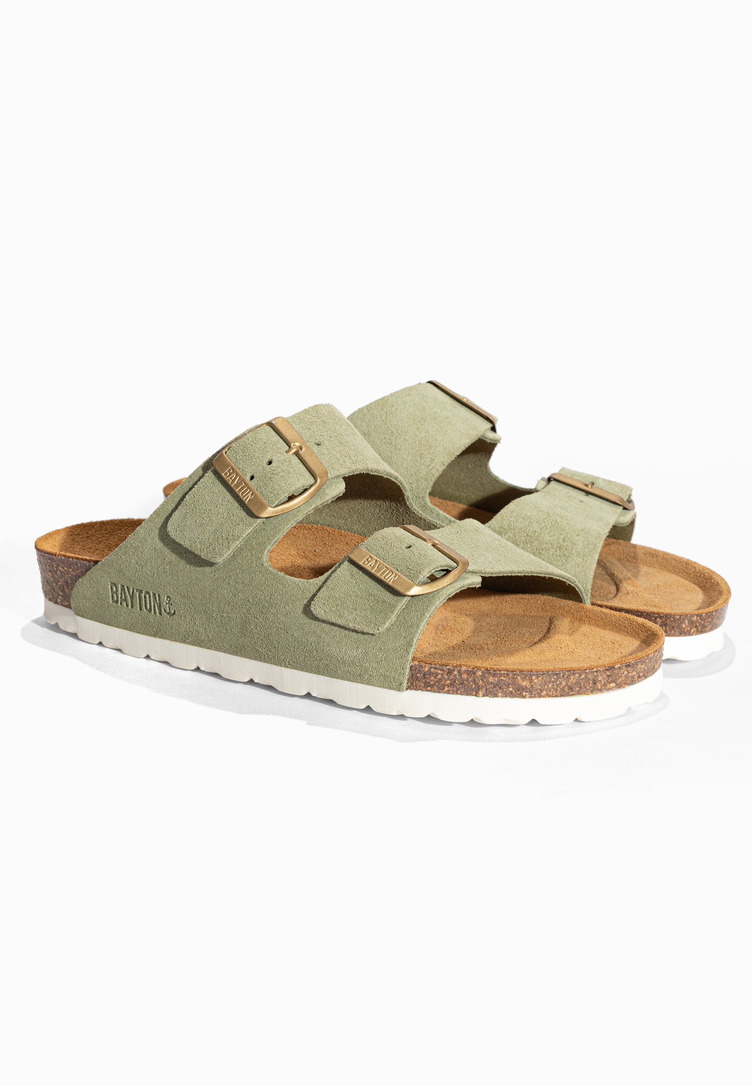 Sandales 2 Brides Atlas Vert en Cuir Suédé Bayton pour Femme